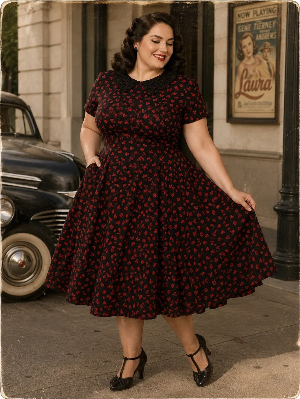 Unique Vintage Margie 1940s Heart Print Midi Dress Black Red Lace Collar 2X - Picture 1 of 9